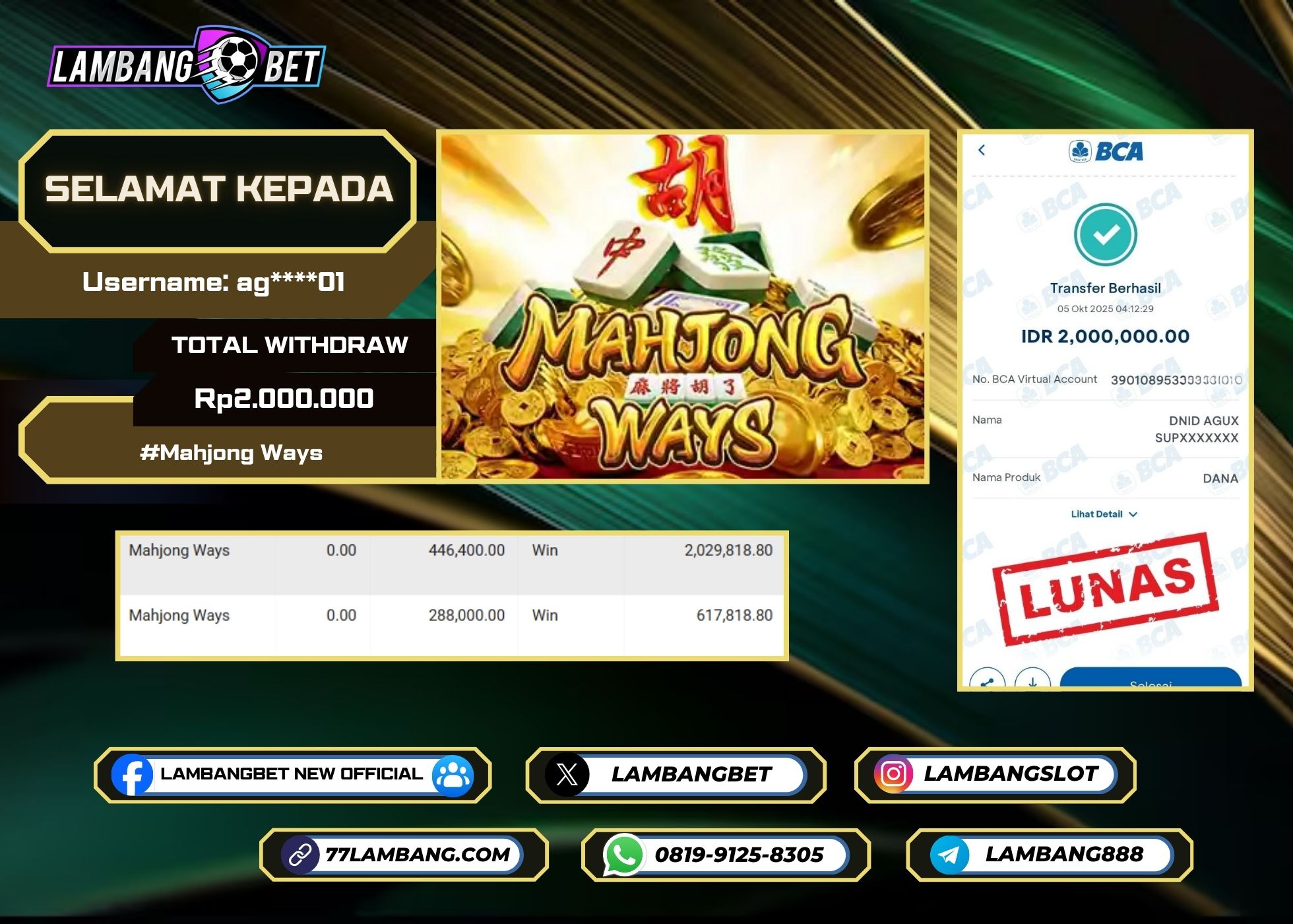 LAMBANGBET [5 OKTOBER 2025] JACKPOT SLOT Mahjong Ways "Rp2.000.000" LUNAS